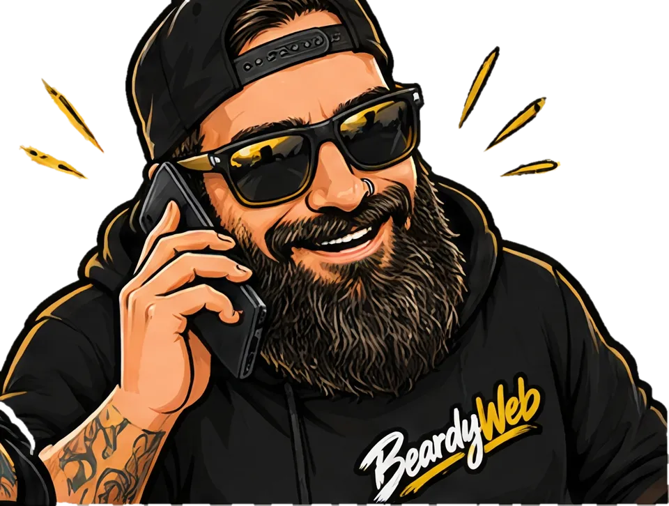 Illustrated BeardyWeb founder smiling while chatting on the phone