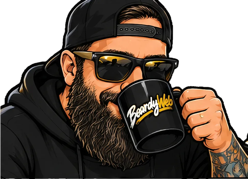 Illustrated BeardyWeb founder sipping from a BeardyWeb coffee mug